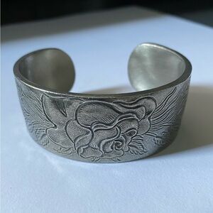 Vintage Salisbury Pewter Rose Floral Engraved Cuff Bracelet